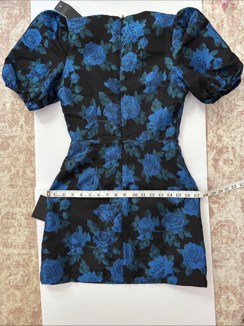 Blue Floral taffeta Puff Sleeve V-Neck Mini Dress - Picture 10 of 10
